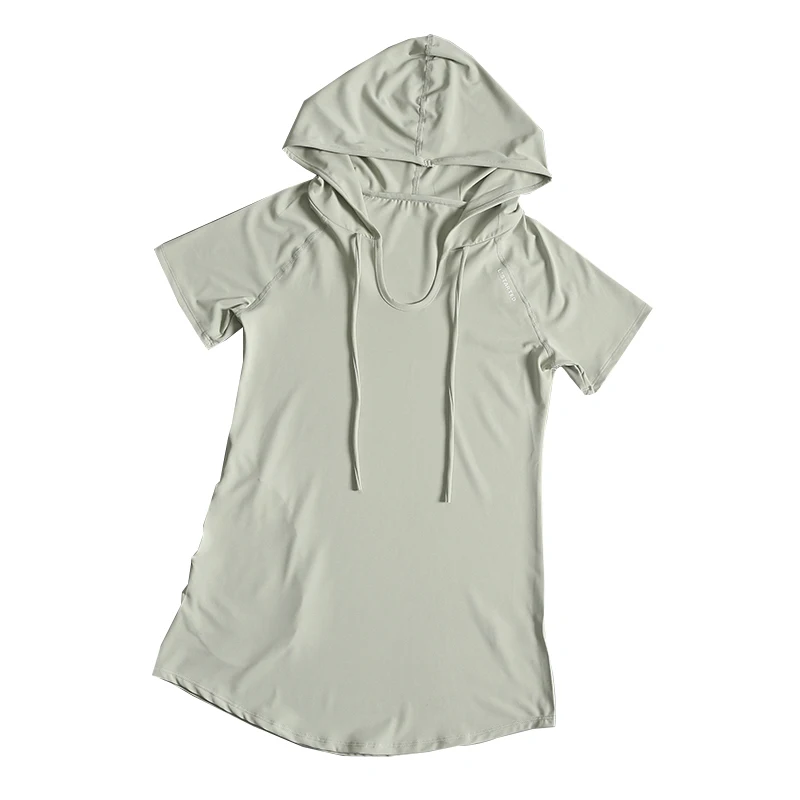 Las mujeres usan nalgas de longitud media de manga corta suelta de secado rápido adelgazante fitness correr camiseta traje de yoga