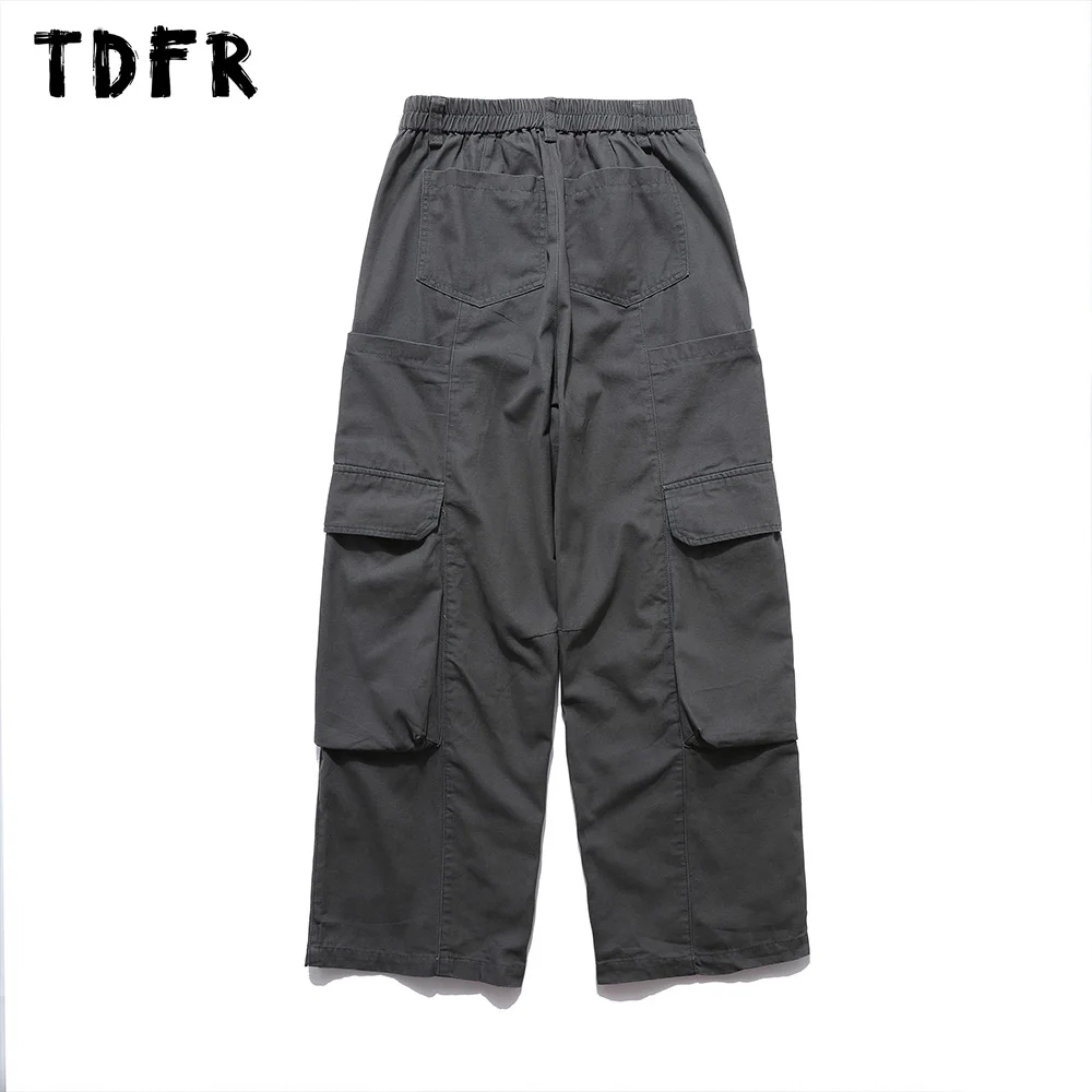 Multi-Pocket Cargo Pants Mens Spliced Solid Color Safari Style Elastic Waist Wide Leg Baggy Trousers Men