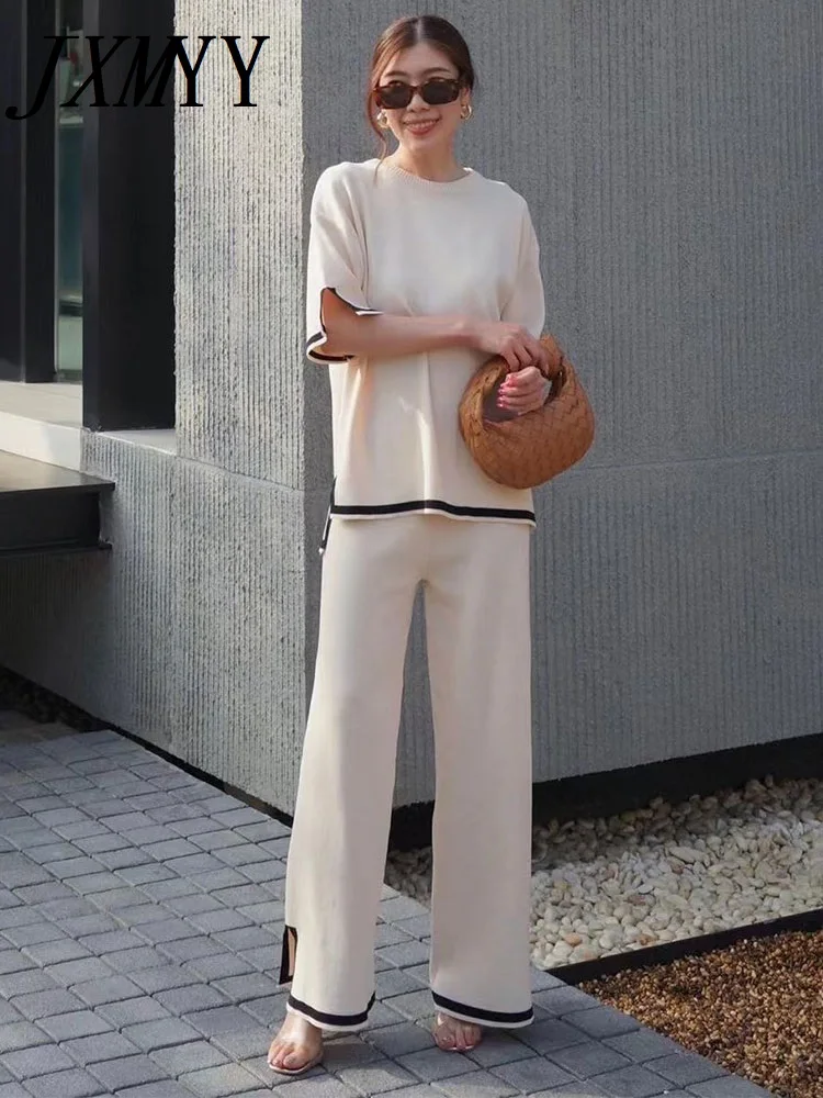 

Summer Retro Lazy Fashion Knit Suit Casual Loose Full Round Neck Blouse High-Waisted Slimming Trousers Two-Piece Women's Suit