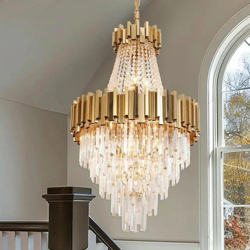 

K9 Crystal Gold Chrome E14 LED High Ceiling Chandelier Lighting Lustre Suspension Luminaire Lampen For Living Room Staircase