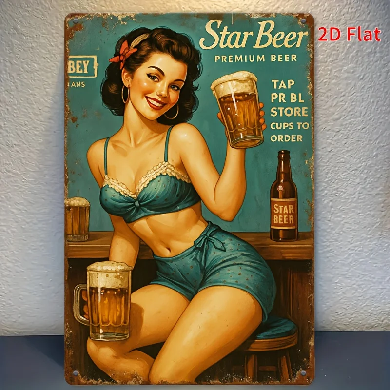 Vintage 1950s Retro Cheerleader Metal Tin Sign -   Iron Wall Art with Beer Theme, Blue & White Design, Perfect for Home, Bar,
