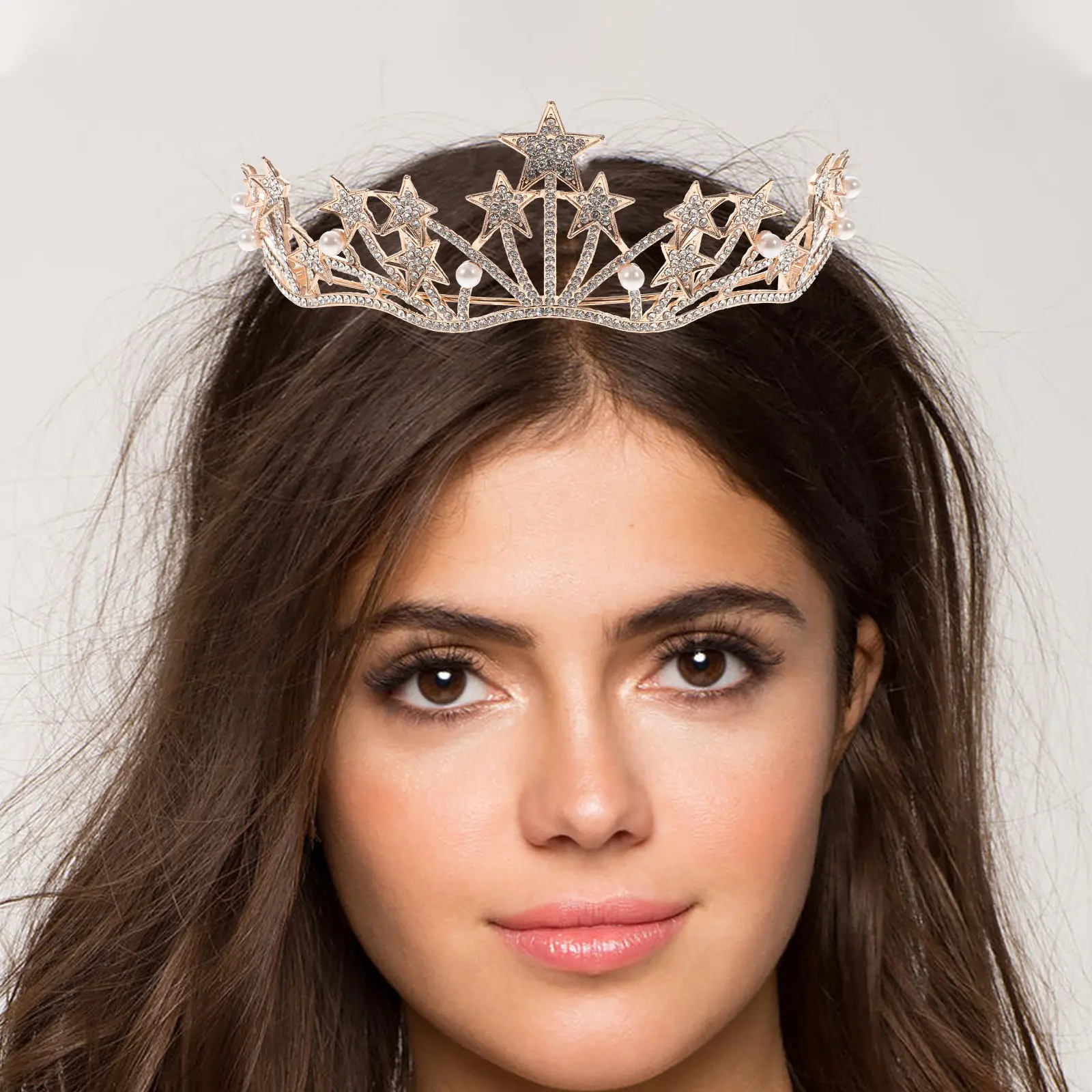 

1Pcs Exquisite Alloy Bride Crown Headdress with Star Pearls Wedding Tiara Fashion Headwear Fairy Tiara Performance Crown New