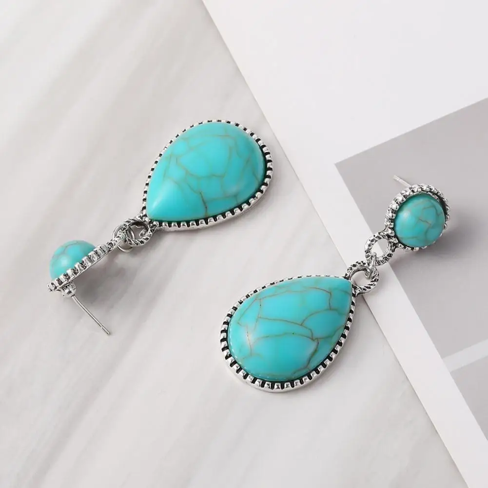 Bohemian Retro Turquoise Tear Drop Pendant Earrings Women Geometric Dangle Earrings Elegant Pendant Chic Earrings Jewelry Gifts