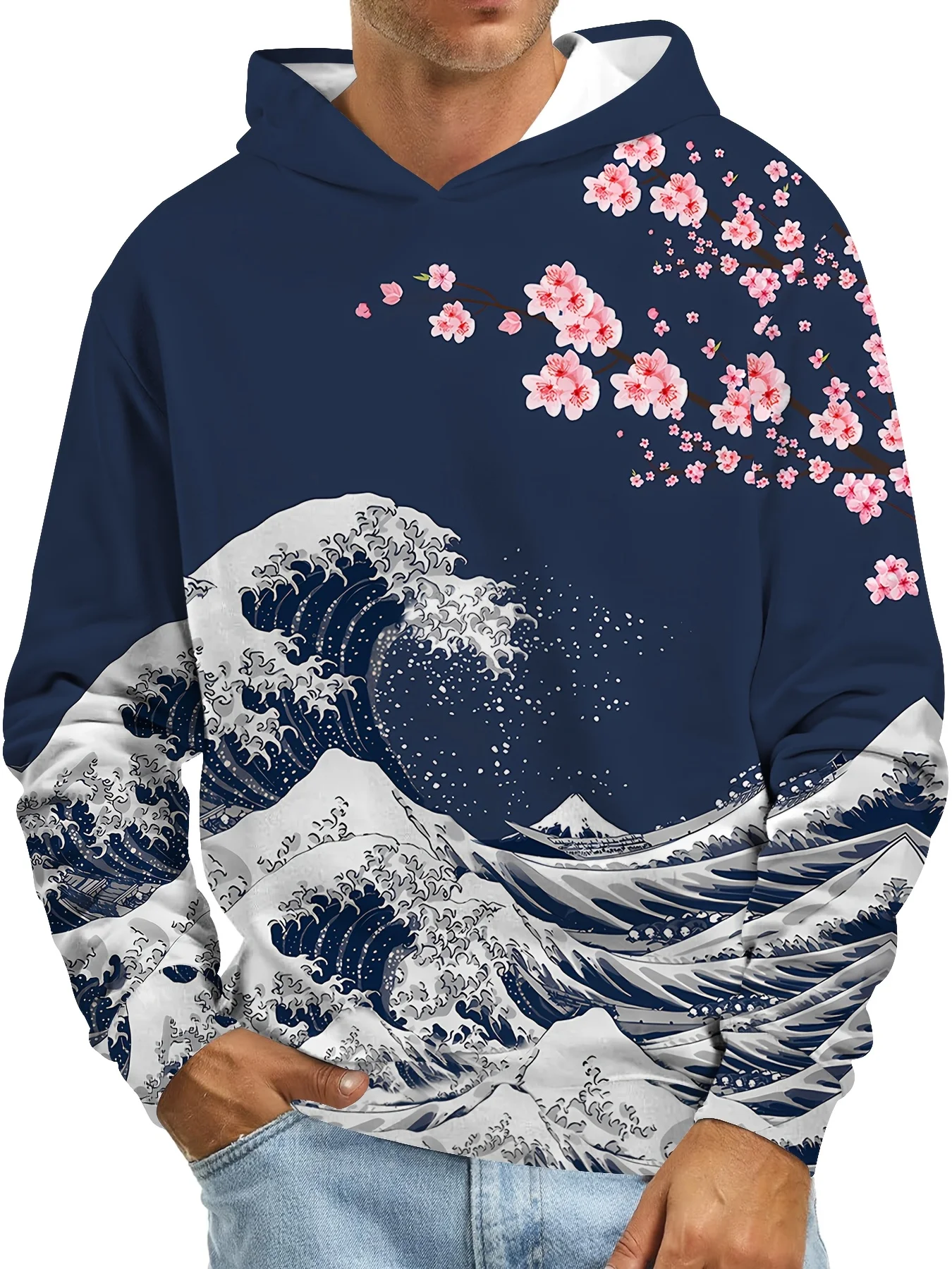 Artistic Print Men's Autumn Spring Clothing, Hooded Casual Sports Sweatshirt with Japanese Wave Cherry Blossom Print