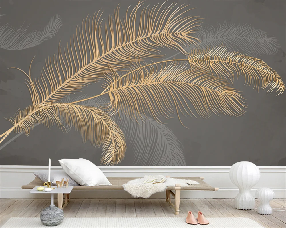 

beibehang Customized new Nordic style light luxury feather gold abstract lines TV background papel de parede wallpaper