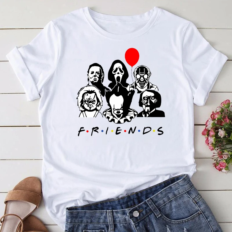 

Stephen King Horror Characters Printed Friends Women Casual T-Shirt Cartoon Women Tops Halloween Clothes Women And Men Tee Shirt