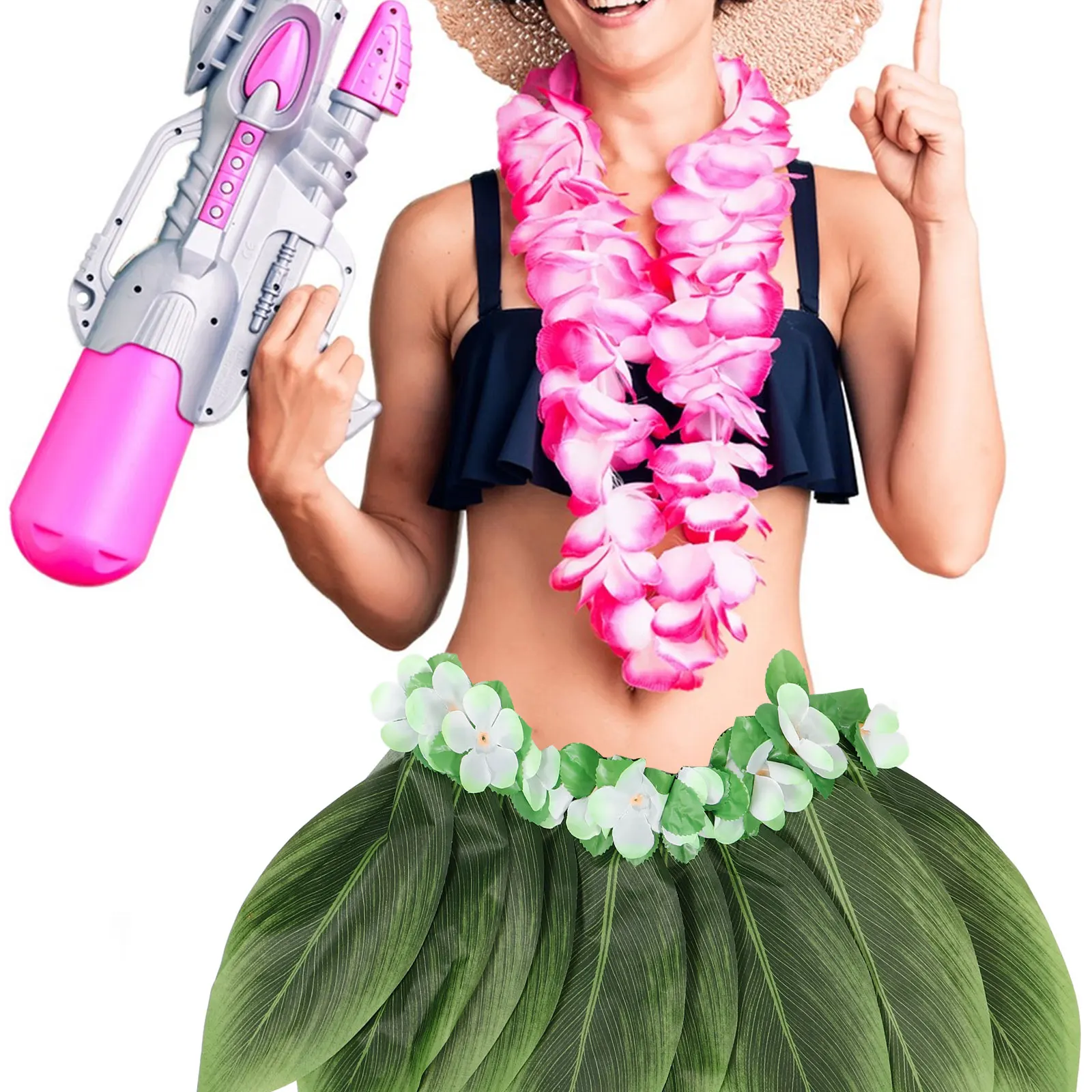 

1PC Green edged Fabric Silk Skirt Adult 30in Waist 15in Length Artificial Flowers Adjustable for Luau Island