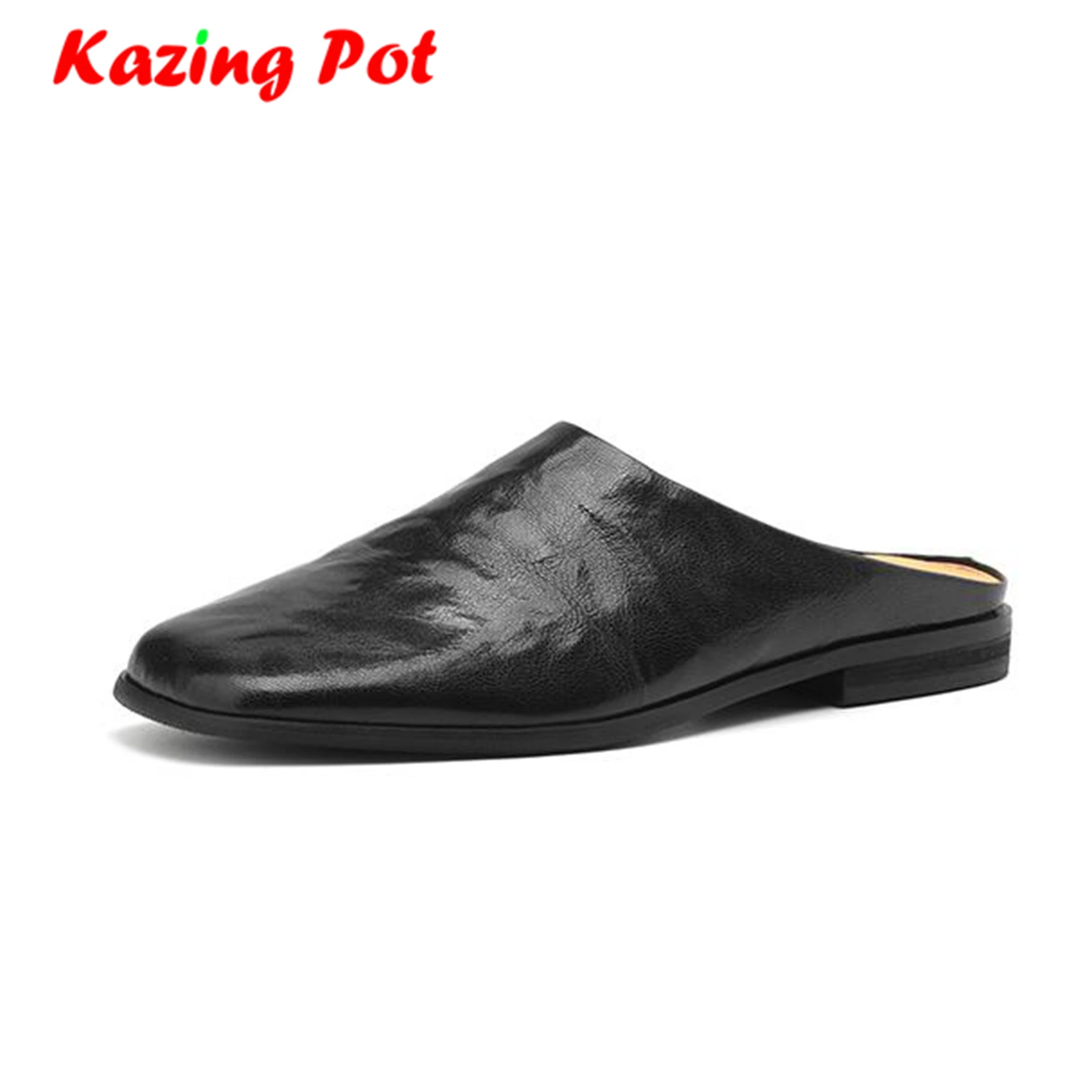 

Krazing Pot 2024 Sheep Leather Summer Shoes Square Toe Slip On Low Heels Slingback Outside Slippers Pleated Concise Design Mules