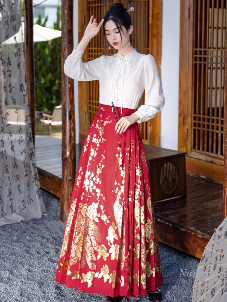 New Chinese Style Buckle Chiffon Shirt Women's Autumn and Winter Horse-Face Skirt Suit Two Piece Sets festival clothing outfits