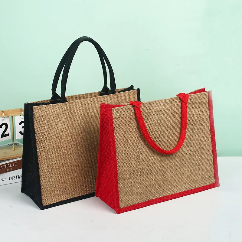 Custom Printed Logo Hemp Bag Color Blocking Hand-painted Cotton Jute Bag Hand Held Imitation Linen Bag Shopping Bags