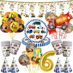 Construction Birthday Party Decoration Foil Balloon Tableware Set Plates Happy Birthday Construction Cake Toppers Party Supplies