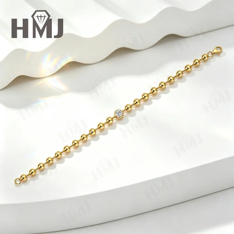 925 Sterling Silber Armband Goldfarben Perlenkette Moissanit 21cm Elegantes Hochzeits- und Partygeschenk Stilvoll für Damen Feiner Schmuck – Detail 6