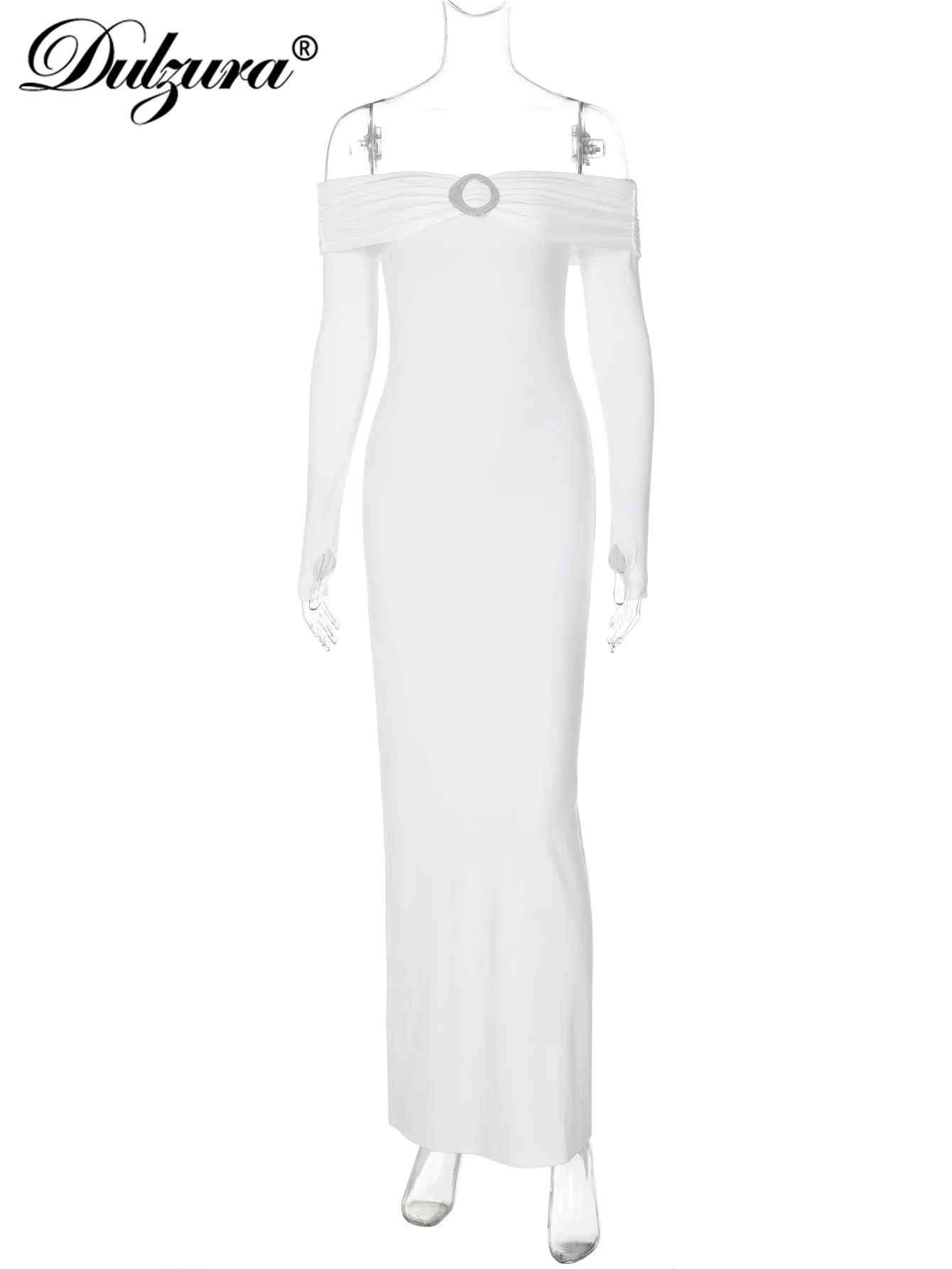 Dulzura Long Sleeve Off Shoulder Metal Button Back Slit Bodycon Maxi Dress Sexy Elegant Long Dress For Evening Party Prom Club