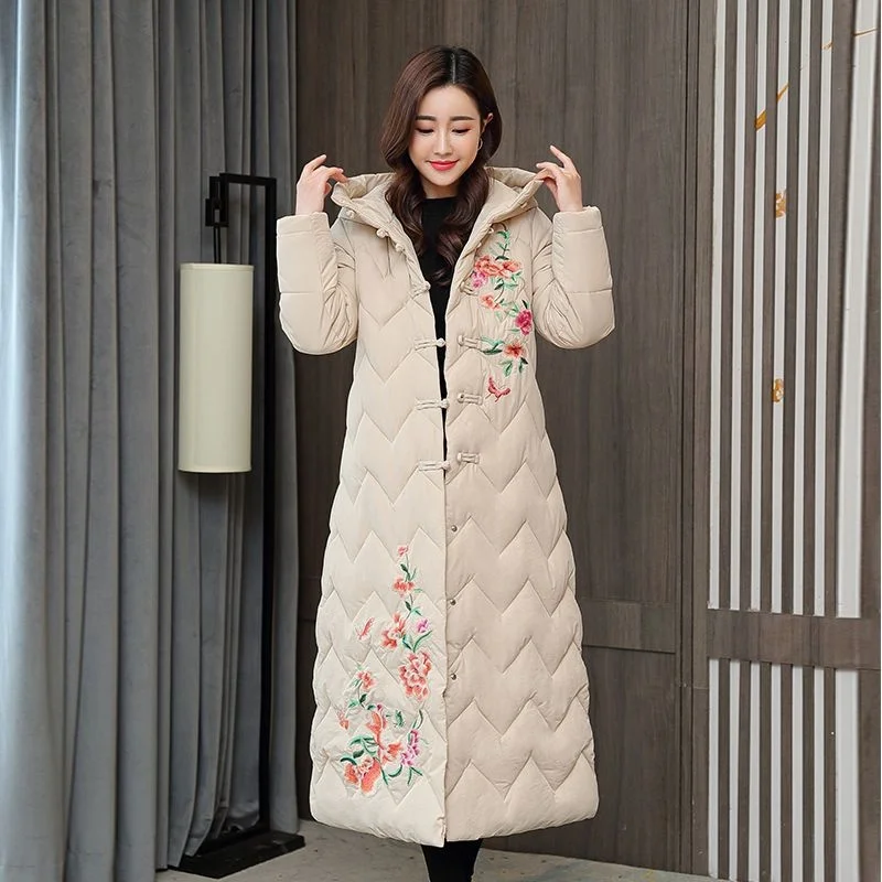 Imagem -05 - Parka Longa Bordada Estilo Nacional Chinês para Mulheres Cabolsa Acolchoado Outwear Espessado com Capuz Quente Algodão Feminino Inverno