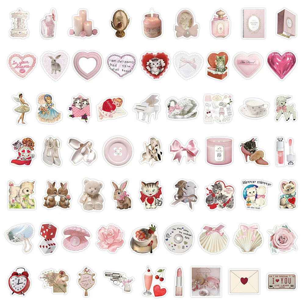 10/30/60pcs Kawaii Cartoon Pink Coquette Stickers Cat Animal Decals Laptop Suitcase Fridge Scrapbook Guitar Decoration Sticker