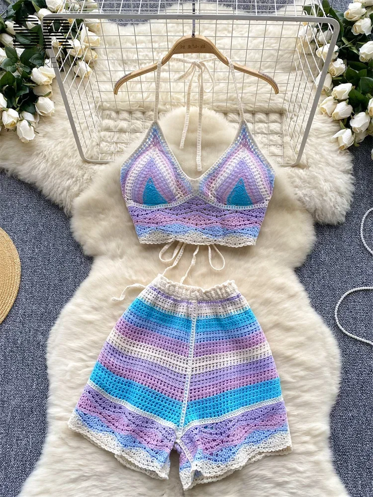 

Beach Vacation Knitted Two Pieces Set Halter Lace Up Tank Top+Stripe Hollow Out Shorts Women Summer Hotsweet 2pcs Sets