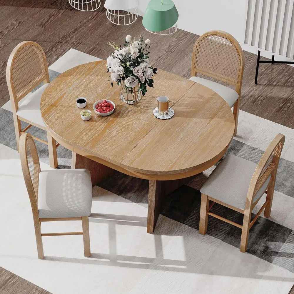 

Rustic Natural Wood 5-Piece Dining Set with Upholstered Chairs and Rattan Backrests
