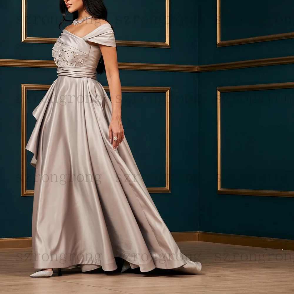 맞춤형 V 넥 A 라인 이브닝 드레스 스팽글 라인 석 구슬 드레이프 프릴 새틴 댄스 파티 드레스 현대 긴 파티 드레스