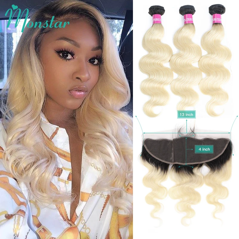 Monstar Body Wave 2 3 4 Bundles with 13x4 Frontal 8 - 32 Inch 1B 613 Blonde Ombre Peruvian Remy Human Hair Bundles with Closure