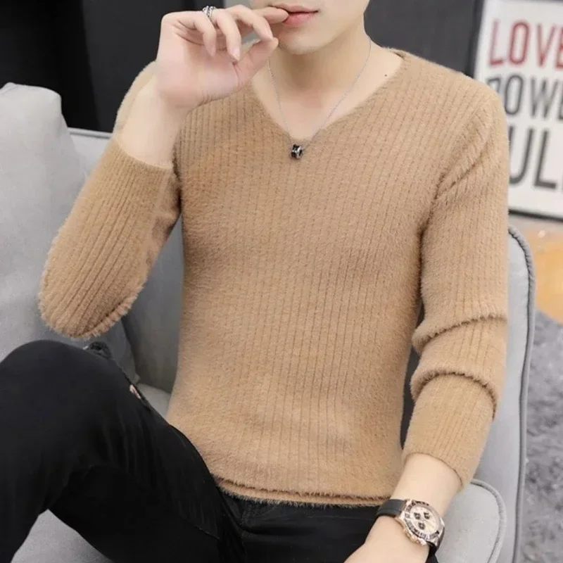 

Knit Sweater Male Pullovers Black Men's Clothing V Neck Solid Color Plain Korean Style Classic Fashion 2024 Long Sleeve 100% X