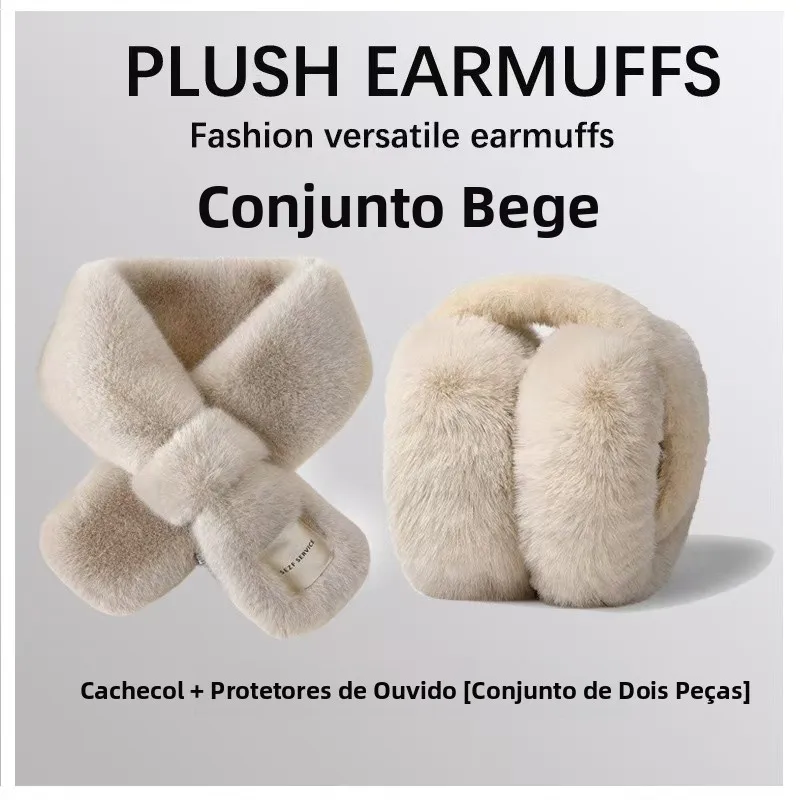 autumn-winter-warm-plush-ear-muffs-scarf-set-women's-beige-versatile-ear-protector-cover-fashionable-accessories-set