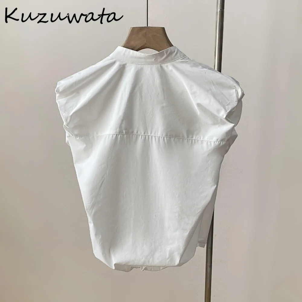 Kuzuwata Solid Stand Collar Sleeveless All-match Blusas Loose Soft Casual Vintage Blouses Japan New Elegnat French Style Shirt