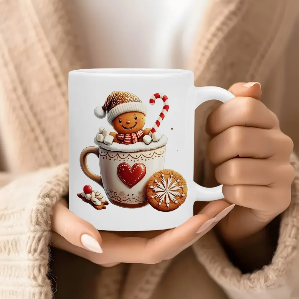 1 Piece 11 oz Gingerbread Man Ceramic Christmas Mug with Christmas Hat and Scarf Design - Candy Cane and Cookie Design, Durable Holiday Coffee, Tea, Hot Cocoa Mug, Compatible with Gingerbread Cookie-Themed Drinkware, Men's Gift, Christmas Decoration