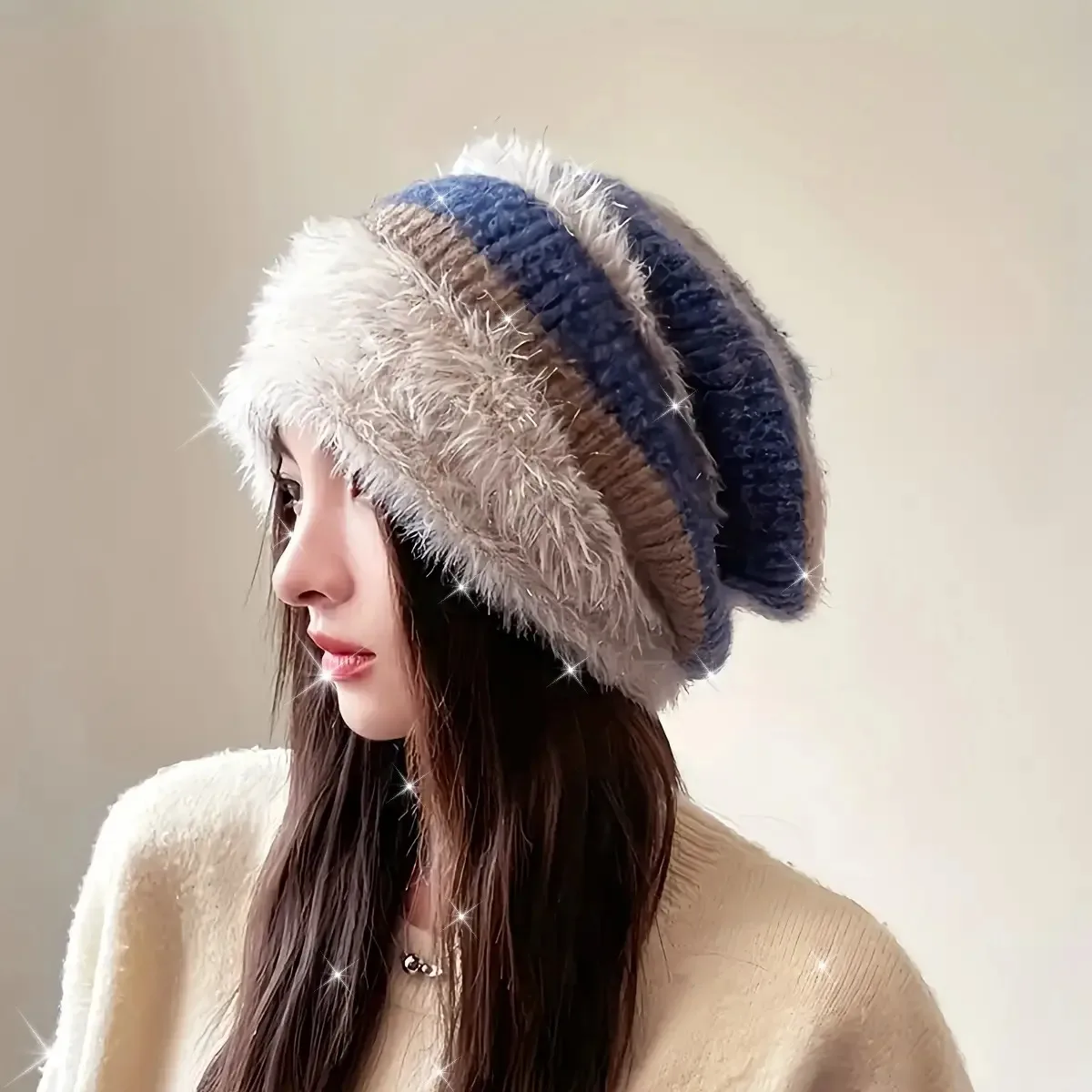 A new autumn and winter silver-threaded wool-blend lazy-style elastic hat with ears, foldable brimless, fashionable Japanese por