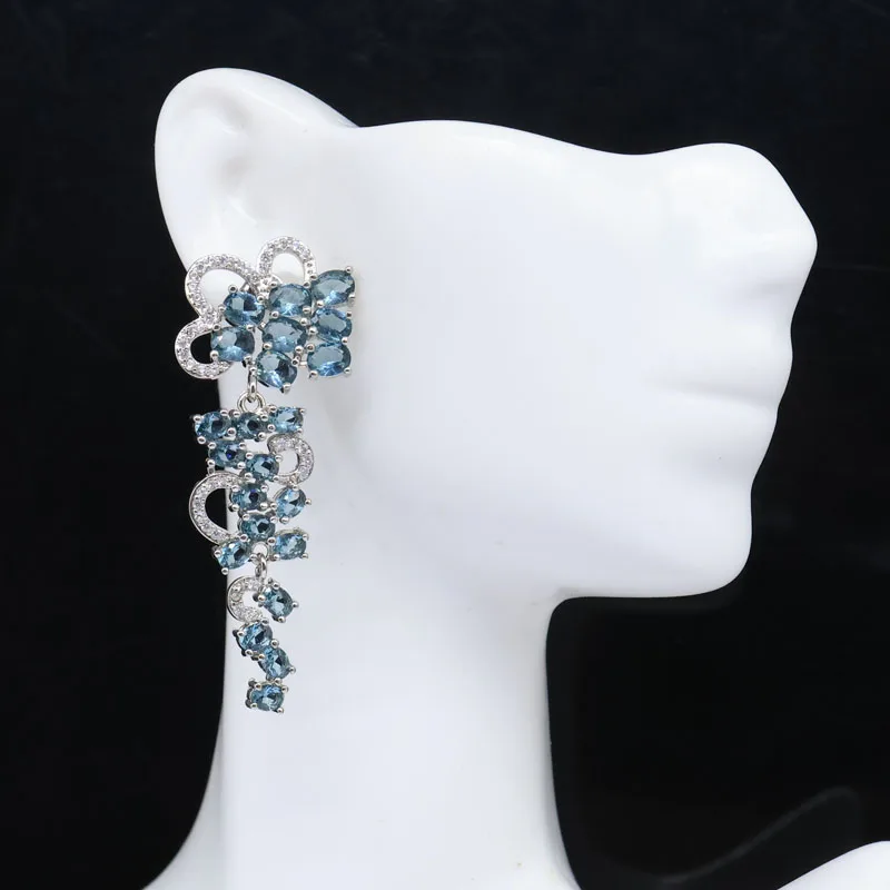 

55x21mm Awesome Long Big Heavy Created London Blue Topaz CZ Women Dating Silver Plated Dangle Earrings