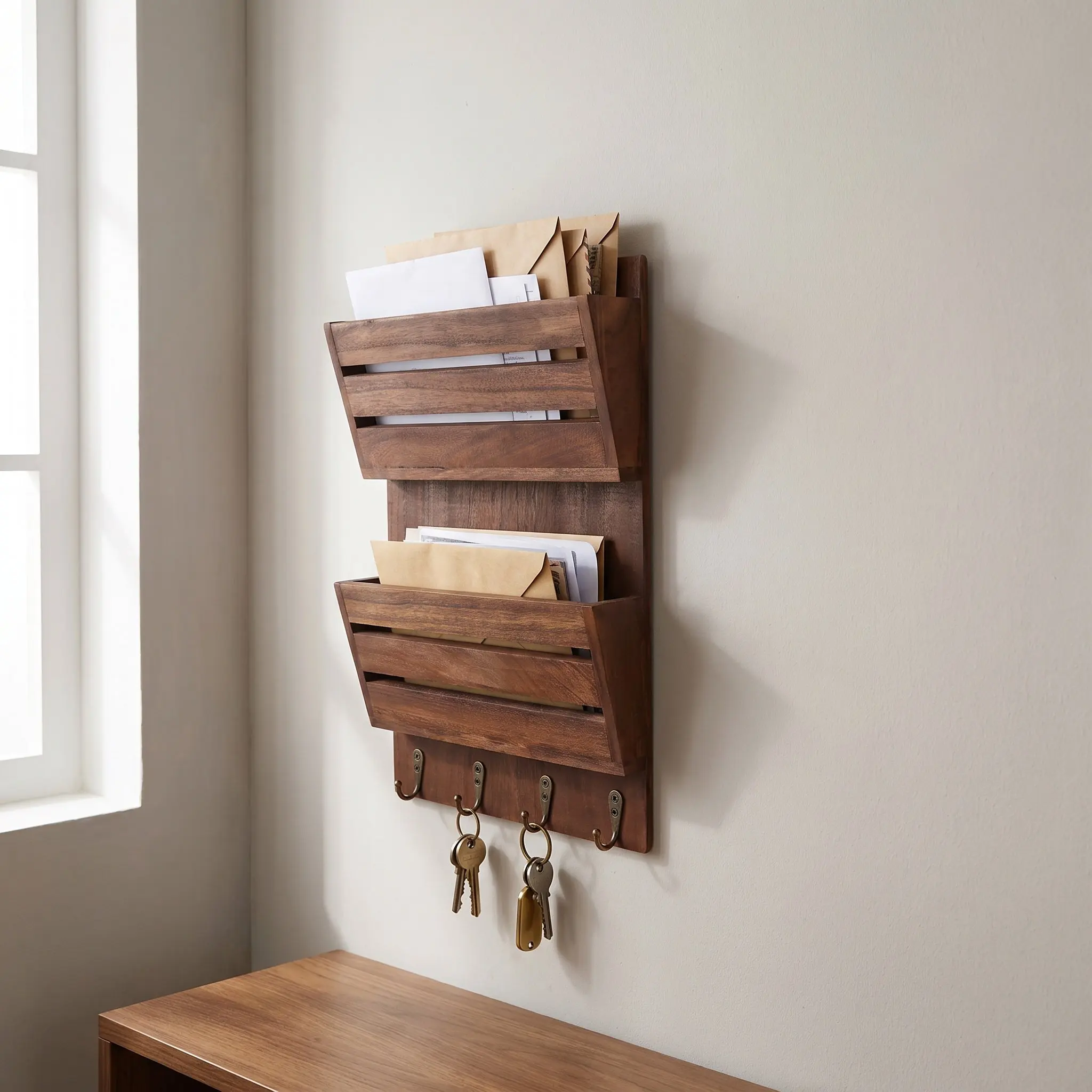 Wall Mount Mail Organizer with Key Hooks  Farmhouse Rustic Mail Sorter Holder Entryway Wall Decor Organizer for Mail Letters