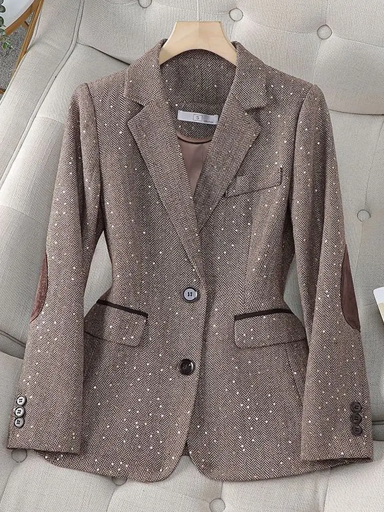 Grey Sequins Jackets for Women Autumn New Fashion Office Lady Blazers Elegant Korean Style Turn-down Collar Formal Women Jacket