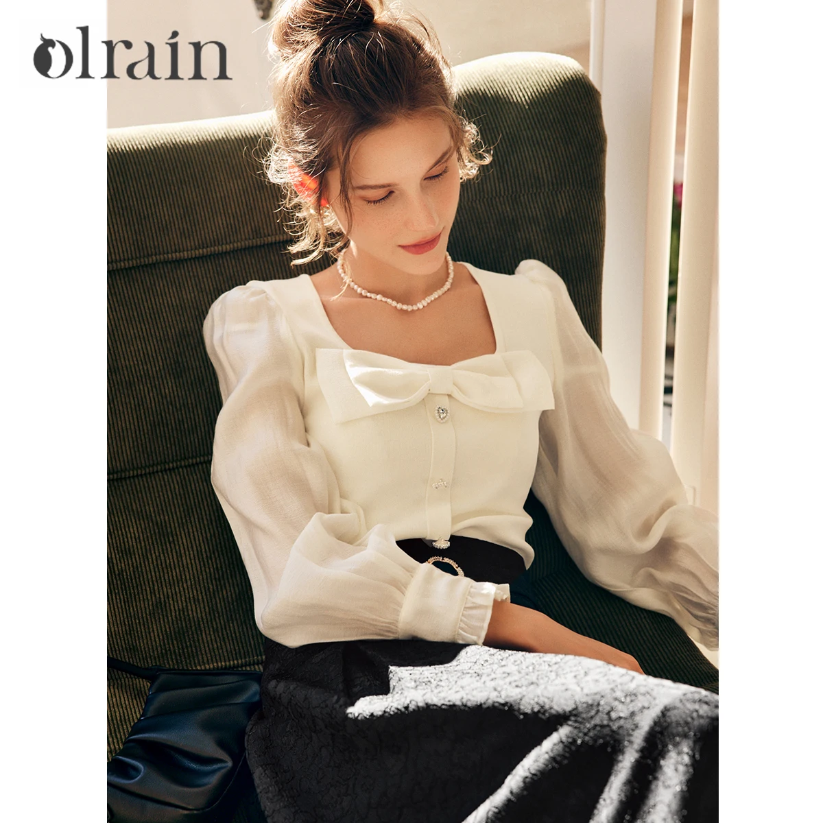 

OLrain Women's Elegant Bow Blouses 2025 Patchwork Knitted Long Sleeve Top French Fashion Ladies Tops and Blouses O22QX63392