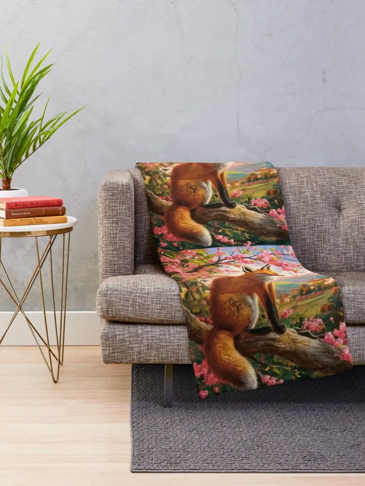 Fox Portrait. Fox with cherry blossom, floral fox, fox painting, Raphael style Throw Blanket Sofas Designers Blankets