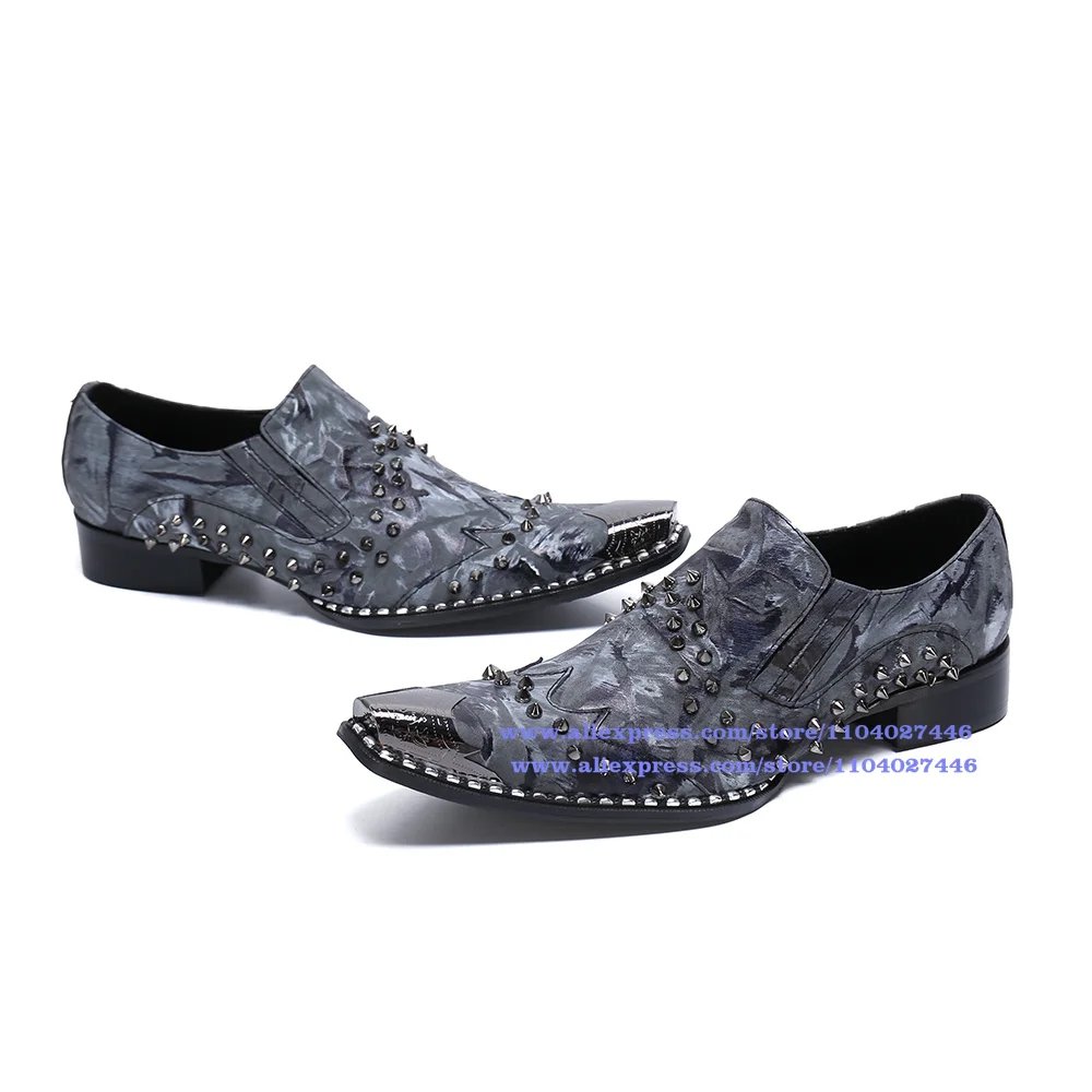 Metallic Iron Rivets Square Toe Shoes for Men Large size Slip-on Dress Shoes Luxury Handmade Top Quality Party Men Shoes