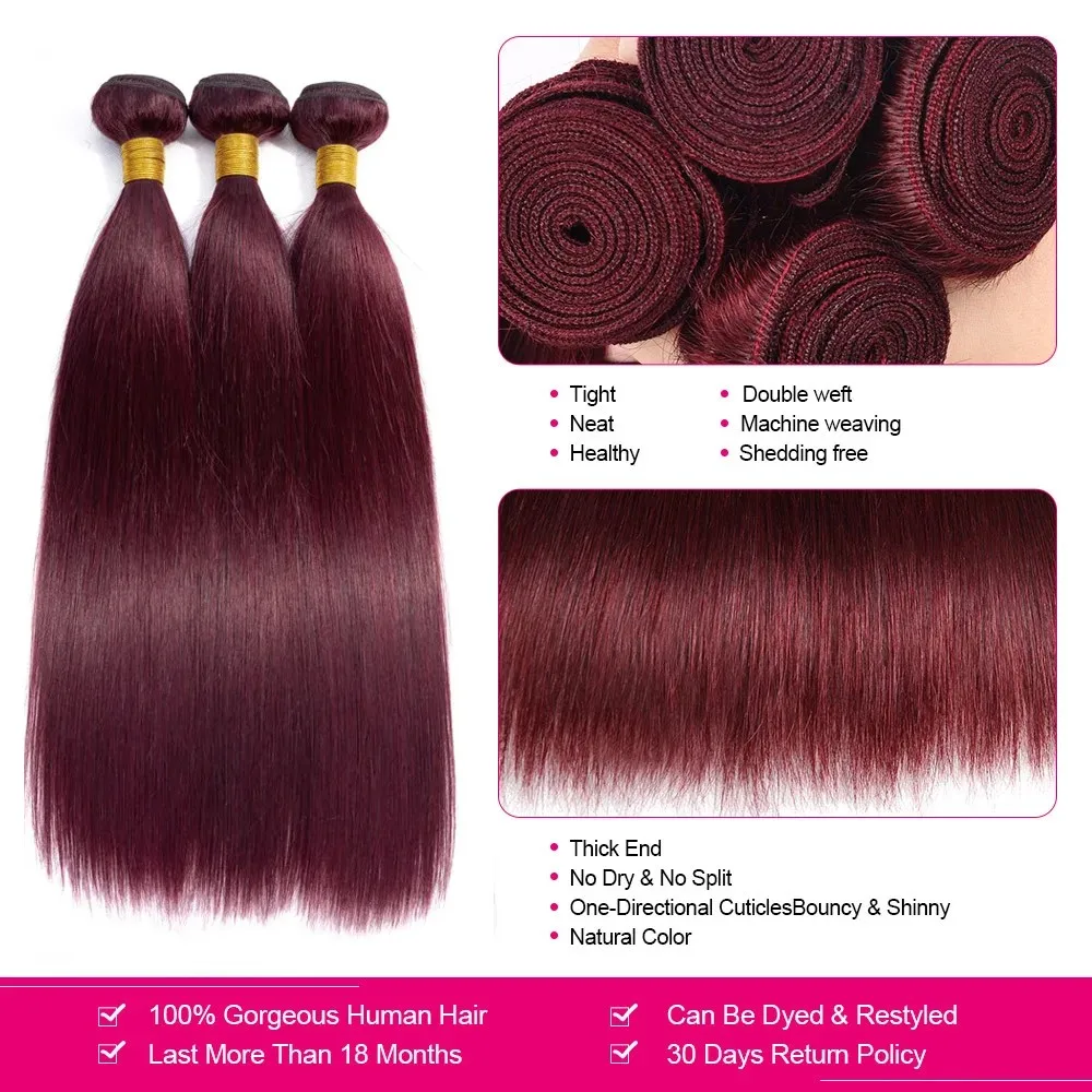 99J Color Straight Human Hair Bundles Remy Brazilian Human Hair Bundles Weave For Black Women 28 30 32 Inch Top Quality