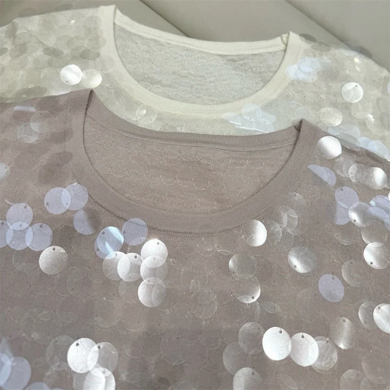 Bild 6: Damenpullover 2026 Frühling Neu Elastisch Gestrickt Figurbetont Kurzarm-Oberteil Wollmischung Pullover mit Pailletten-Dekoration Damen-T-Shirt