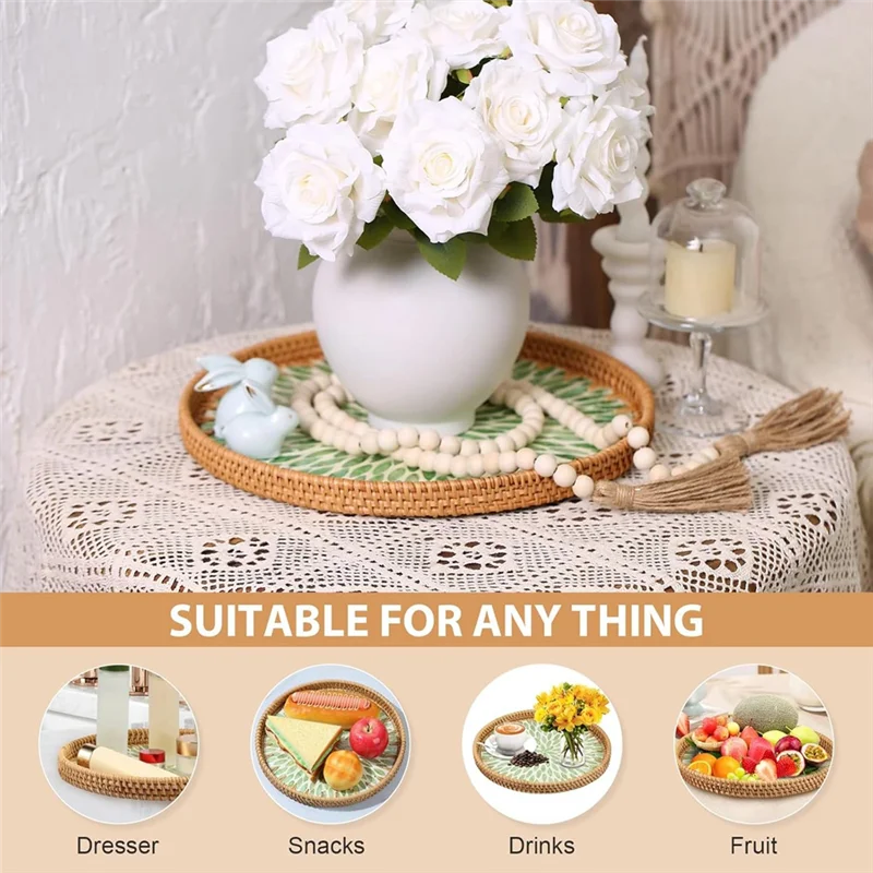 

A04G-Round Rattan Wicker Tray 3Pcs Set With Mother Of Pearl Inlay Boho Style Coffee Table Accessories