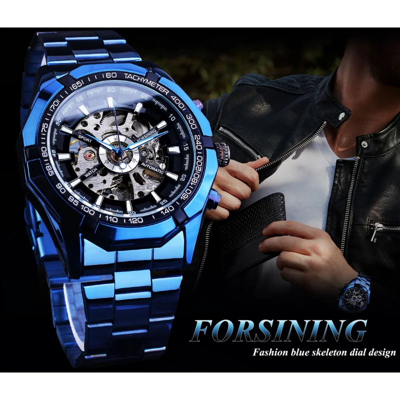 Free Shipping OUTLETSNew forsining European American Style Men's Fashion Casual Hollow Blue Plating Automatic Mechanical Watch