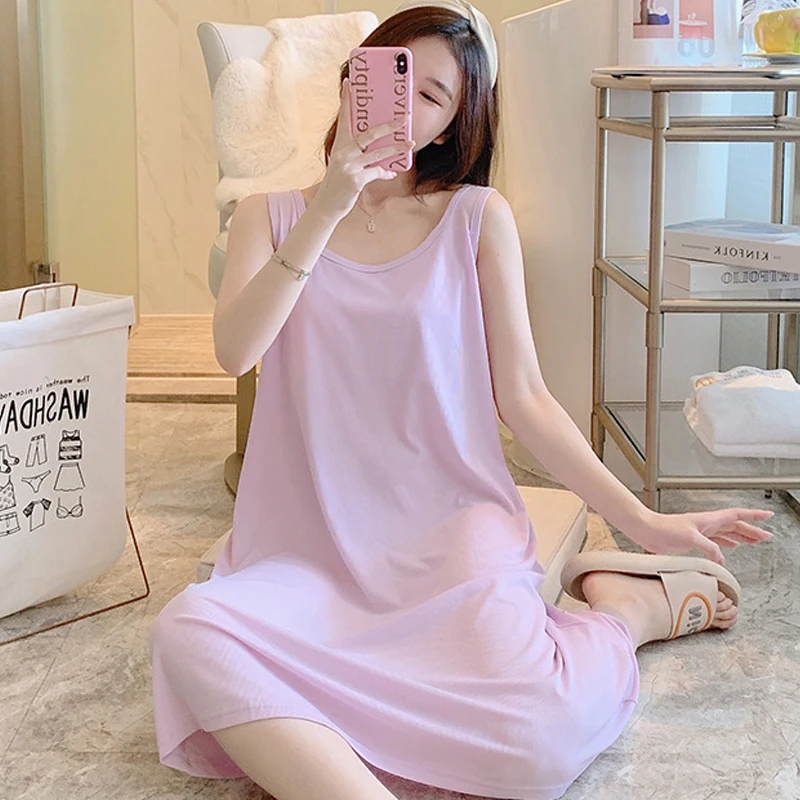 Women\'s Plus Size 4XL 5XL Vest Nightgown Elastic Sleepwear Loose Casual Home Wear Sweet Cute Mid Length Nightdress Loungewear