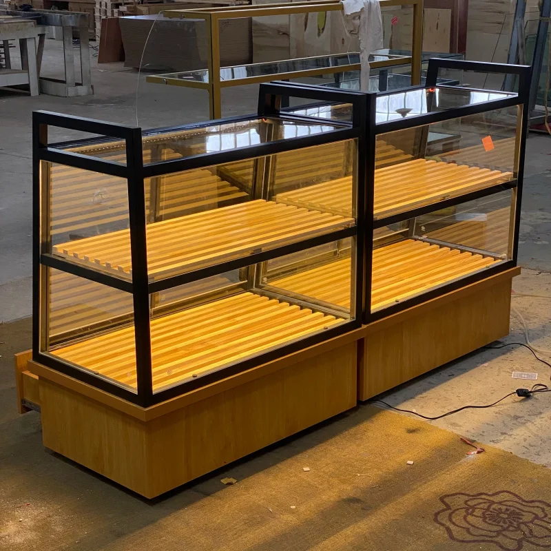 custom.Stainless Steel Plated Frame 2-Tier Glass Bakery Display Cabinet with LED Light Shopping Mall Commercial Use