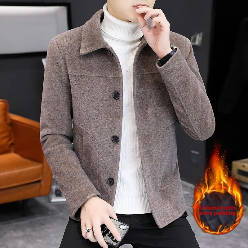 

Thiened Cotton Lined ort Jaet for Men Faionable Collar Water Rabbit Fur Woolen Coat Youth ular Sle Polyester Fiber