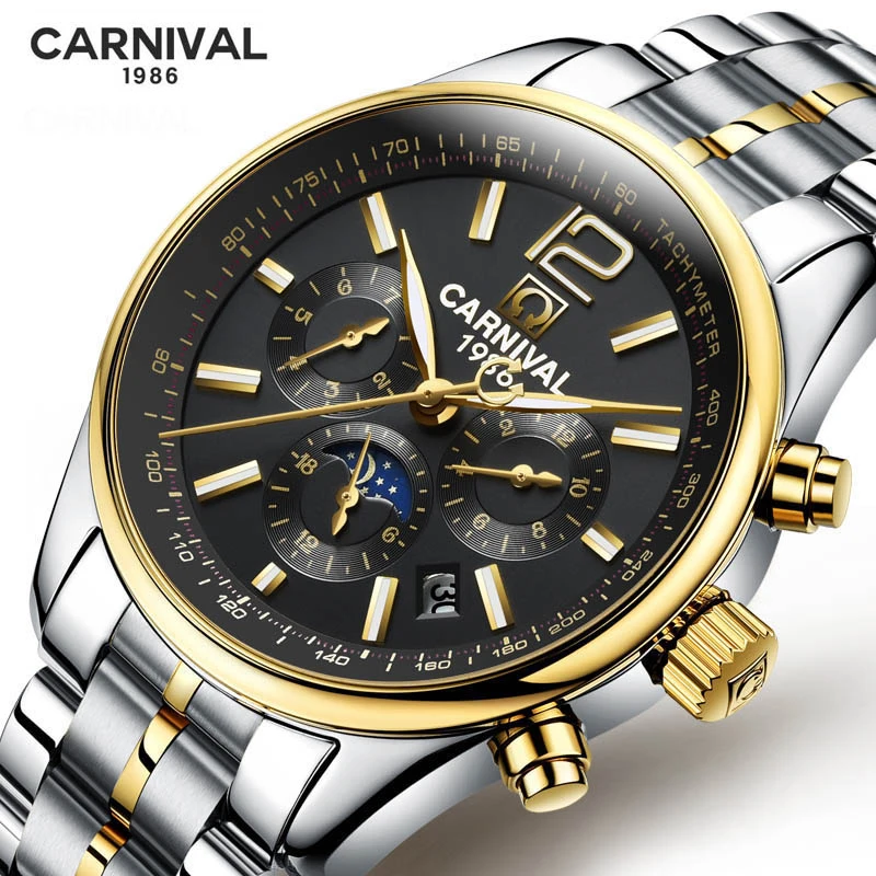 

CARNIVAL Men Fashion Business Watch Steel Band Weekly Calendar Display Brand Original Automatic Mechanical Watch Reloj Hombre