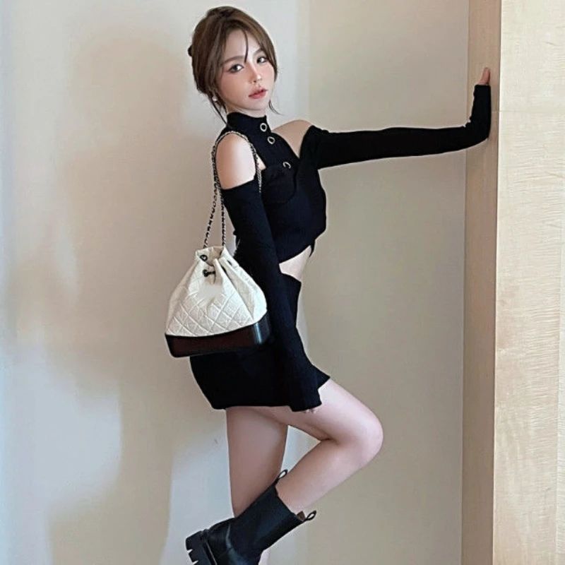 

Комплекты из двух предметов, женские модные сексуальные укороченные топы с вырезами, элегантные мини-юбки с высокой талией в корейском стиле, простой тонкий дизайн, базовые мини-юбки