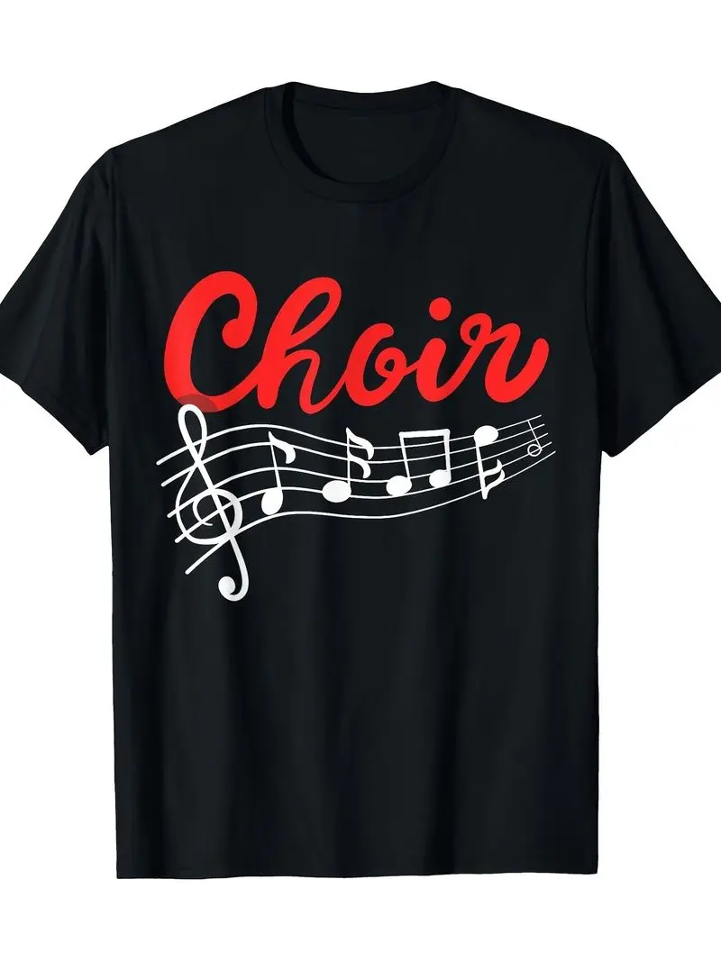 Men's Vintage Music Themed T Shirt Choir Design Flowing Musical Notes Treble Clef White Black Red Lettering All Season Comfort
