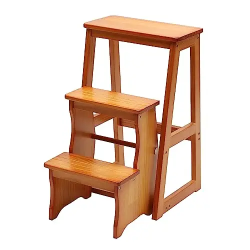 Wooden Folding Library Ladder Chair, 3-Step Multifunctional Step Stool, Display Ladder and Storage Shelf for Kitchens