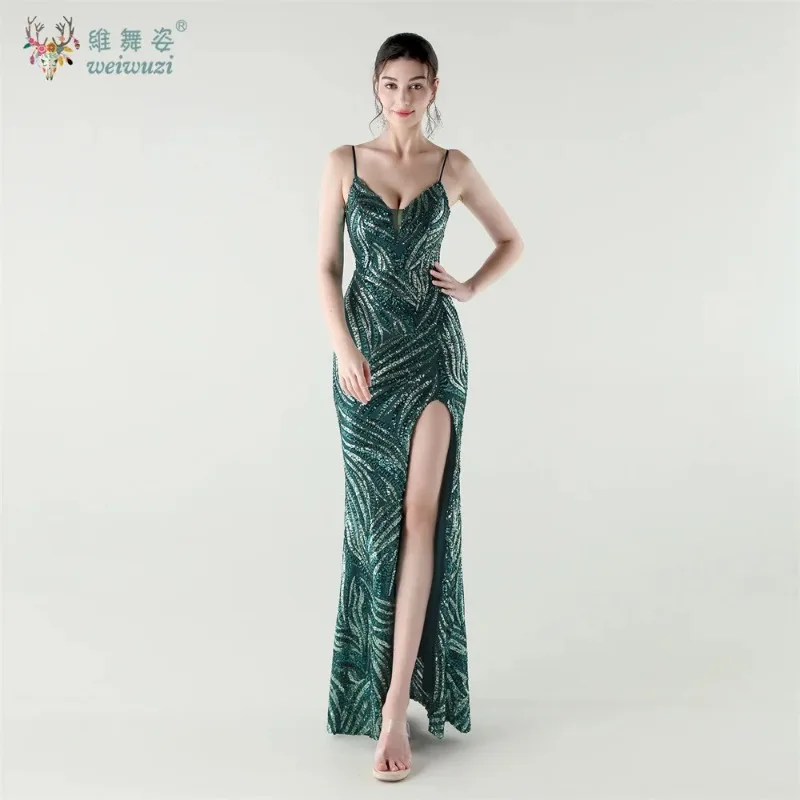 Abiti da sera eleganti con paillettes a righe Cinghie con scollo a V Abito lungo sexy con spacco a coda di pesce Abito formale da cocktail in pizzo con motivo glitterato