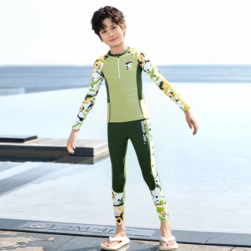 

Long Sleeve Boys Swimwear Two Piece Kids Swimssuit With Pants Teen Swimming Suit Children Beachwear Bathing Suit