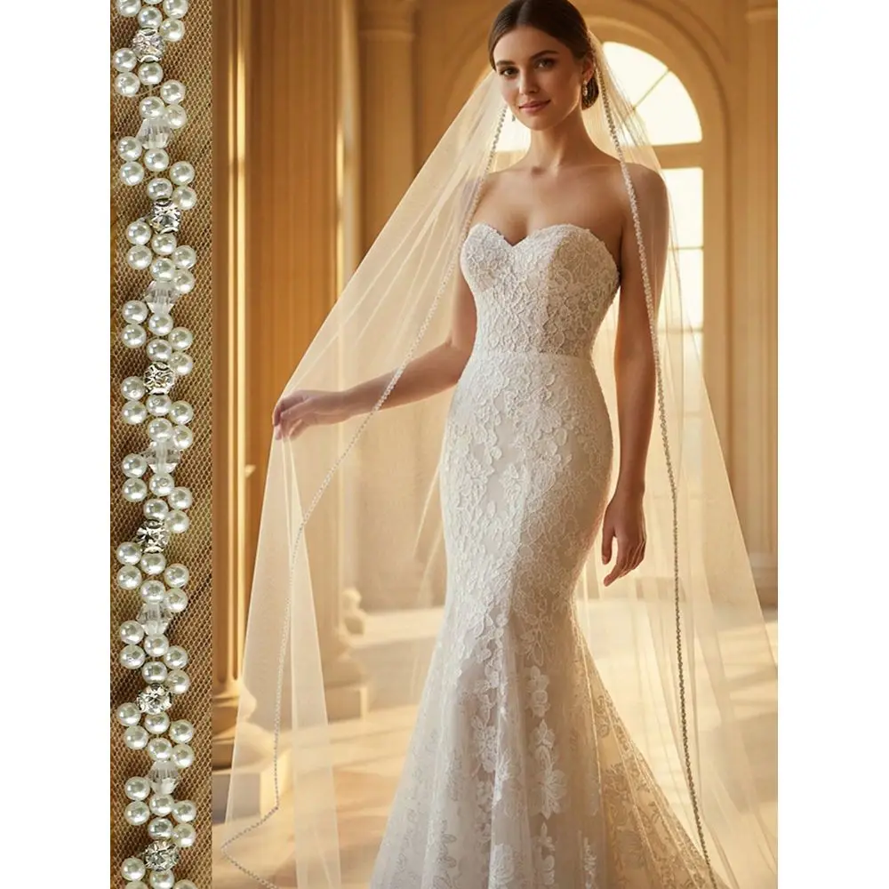 3 Meters Long Beaded Bridal Veil, Elegant Sophisticated, Suitable For Wedding Dress And Cathedral Wedding