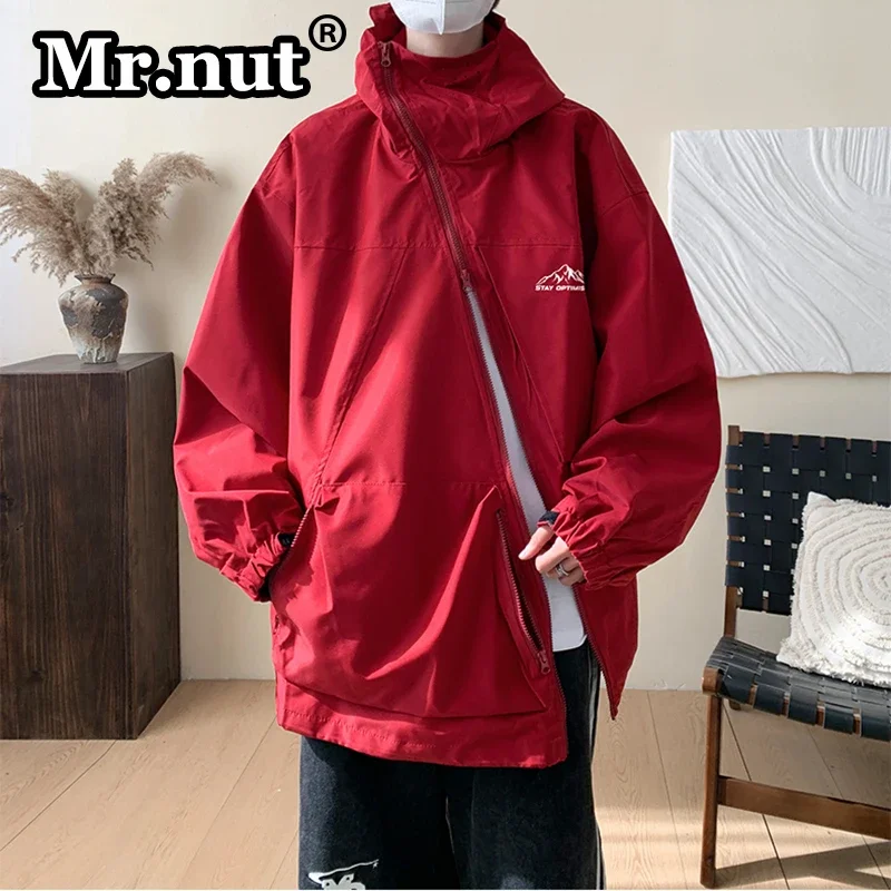 Mr.nut-homens elegantes com capuz diagonal zíper windbreaker, acampamento ao ar livre jaquetas, roupas esportivas, primavera e outono streetwear