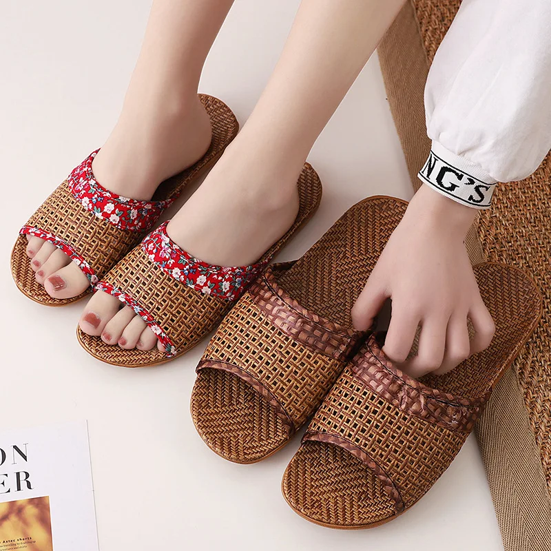 Mntrerm Linen Slippers For Women 2023 New Summer Ladies Home Shoes Female Casual Slides Floral Flax Flip-Flop Bow Sandals